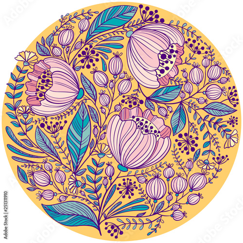 Round colored vector design element for frame and border, textile, fabric or paper print. Vector illustration Decoration plants and floral element for birthday, greeting, logo or book design.