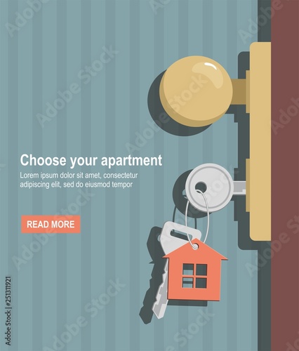 Open door with keys. Key with symbol of house. Home. Vector banner