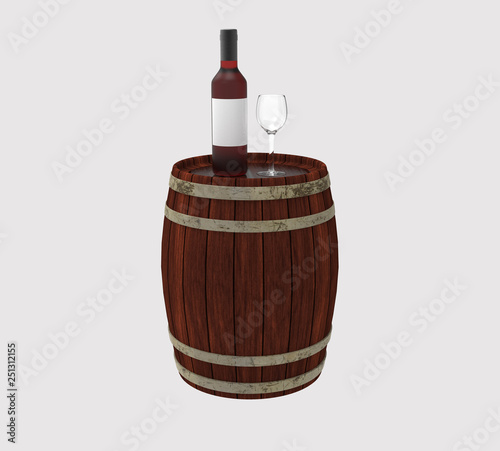 old bottle of wine and a wine glass are on a wooden barrel