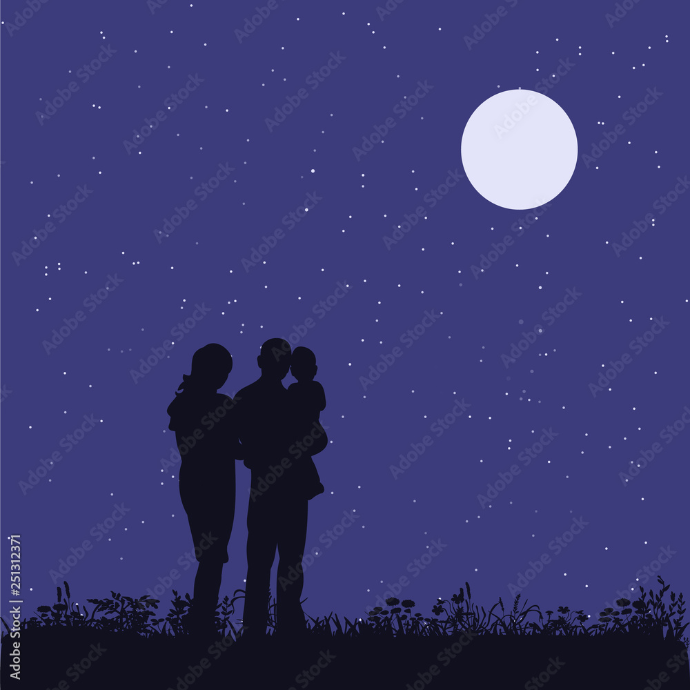  family with children in the park, silhouette, moon