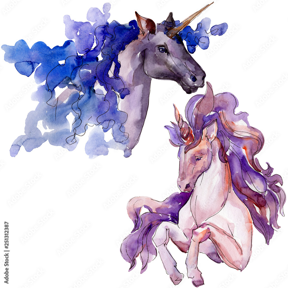 Obraz Cute unicorn horse. Fairytale children sweet dream. Watercolor background set. Isolated unicorn illustration element.