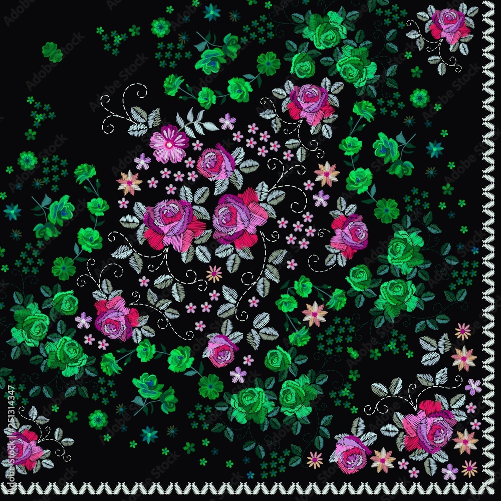 Quarter of russian bandana print with floral embroidery. Silk neck scarf  with beautiful flowers and leaves. Summer kerchief square pattern. Stock  Illustration | Adobe Stock