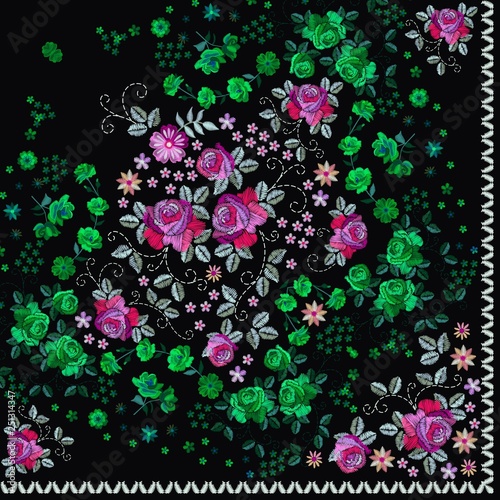 Quarter of russian bandana print with floral embroidery. Silk neck scarf with beautiful flowers and leaves. Summer kerchief square pattern.
