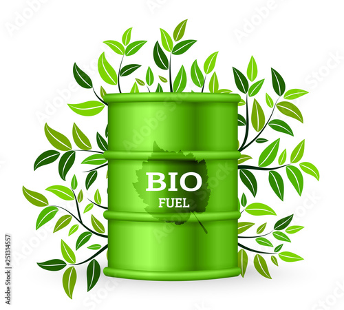 Metal barrel with bio fuel and green tree. Vector illustration