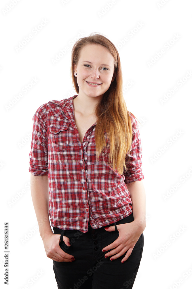 young woman with long blond hair and checkered blouse young woman with long blond hair and checkered blouse
