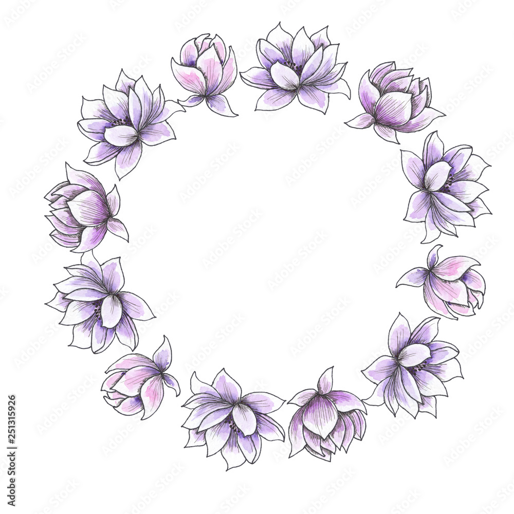 Ocean watercolor wreaths with purple flowers, lotus, lily, sea corals, twigs and branches isolated on white  background