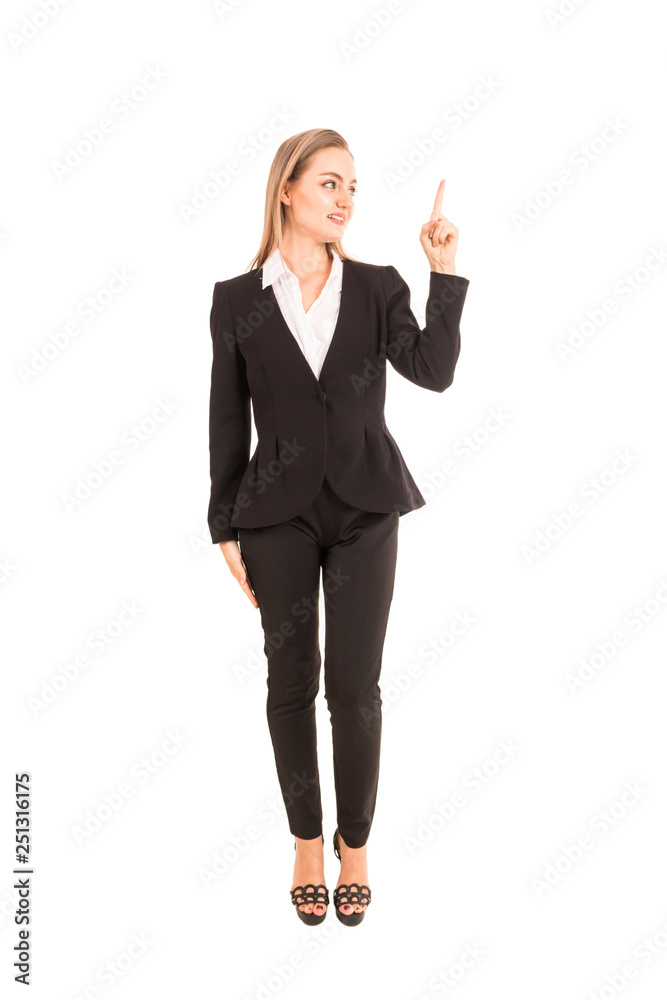 Businesswoman pointing to empty copy space isolated on white background Businesswoman pointing to empty copy space isolated on white background