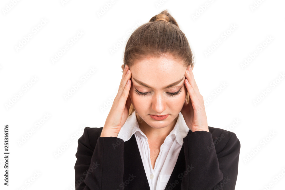 Woman headache and holding head isolated on white background Woman headache and holding head isolated on white background