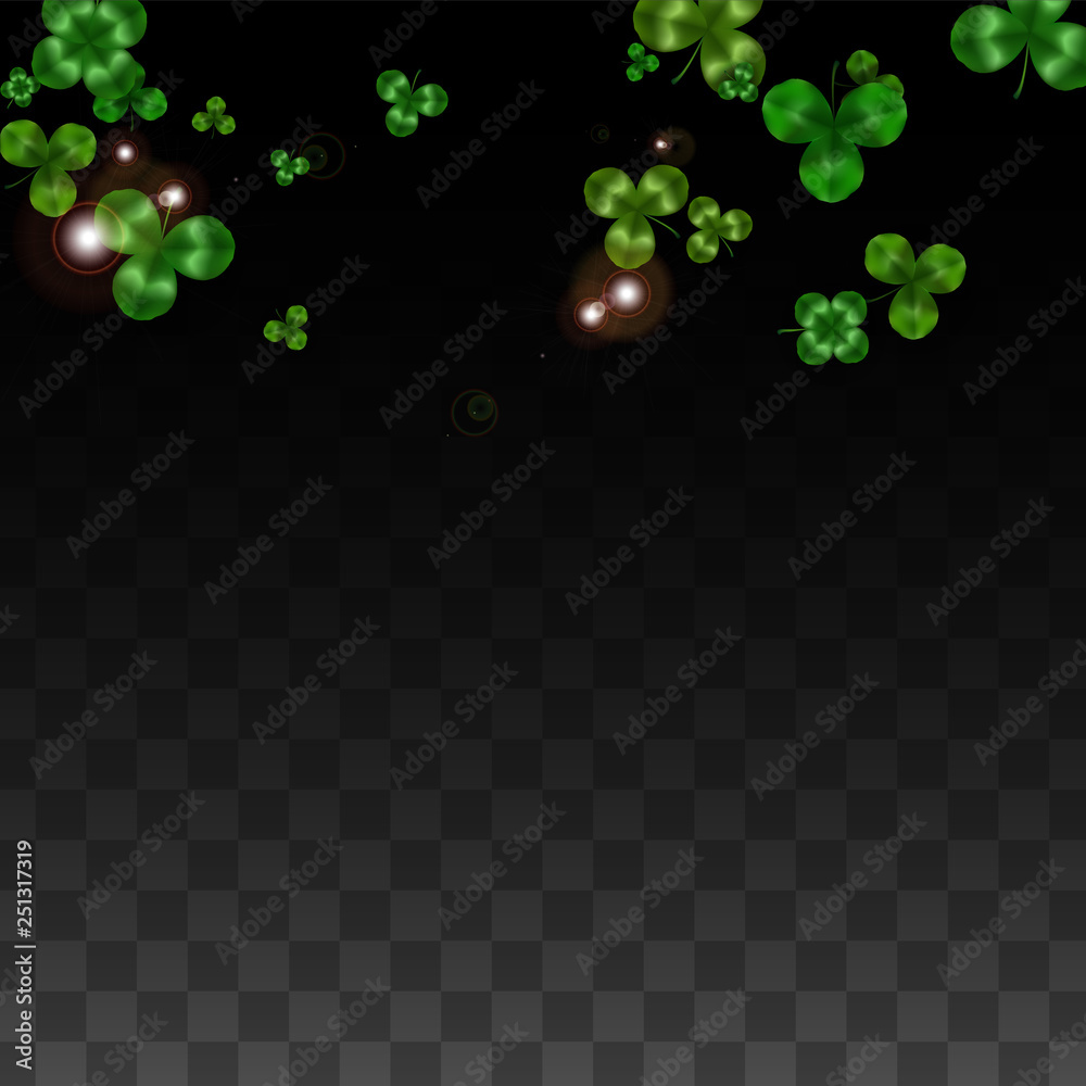 Fototapeta premium Vector Clover Leaf Isolated on Transparent Background with Space for Text. St. Patrick's Day Illustration. Ireland's Lucky Shamrock Poster. Invintation for Concert in Pub. Top View. Success Symbols.