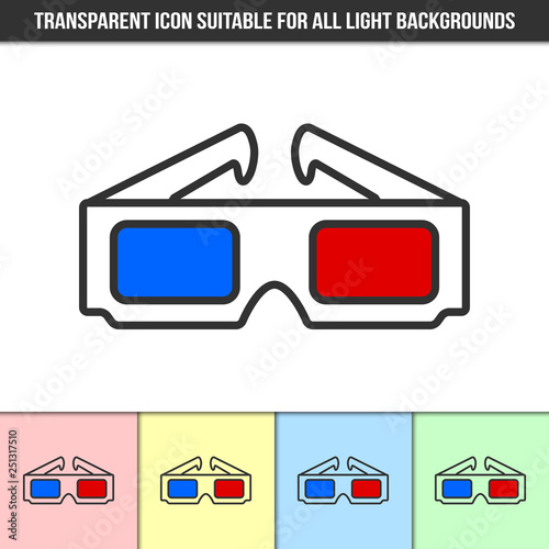 Simple outline transparent anaglyphic 3D glasses icon on different types of light backgrounds