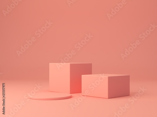 Pink coral shapes on a coral abstract background. Two minimal boxes and a cylinder podium.Scene with geometrical forms. Empty showcase for cosmetic product presentation. Fashion magazine. 3d render. © Mamba Azul