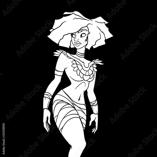 White filled outline of a cartoon woman with amazing figure and ancient clothes