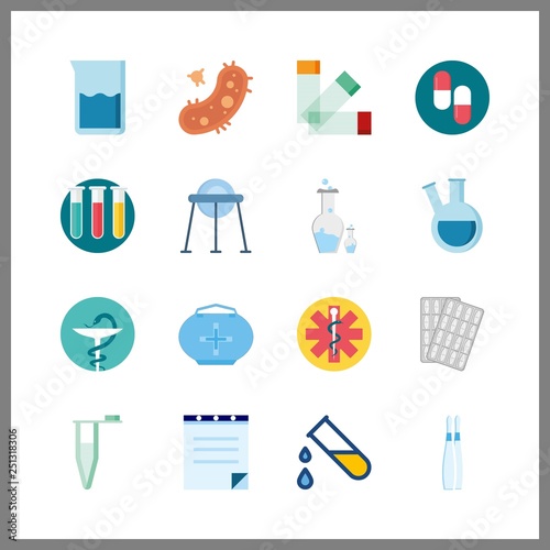 16 drug icon. Vector illustration drug set. beaker and retort icons for drug works