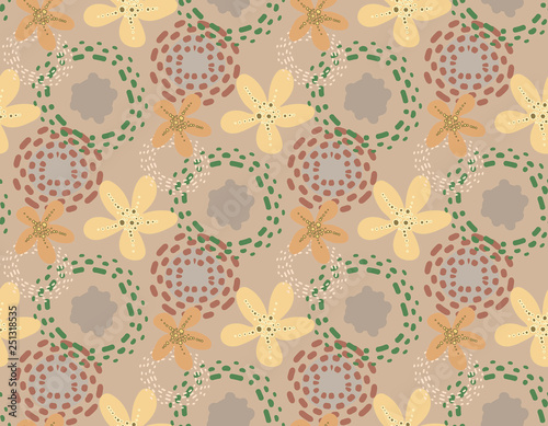 Seamless pattern with flowers and abstract details in warm summer shades. 