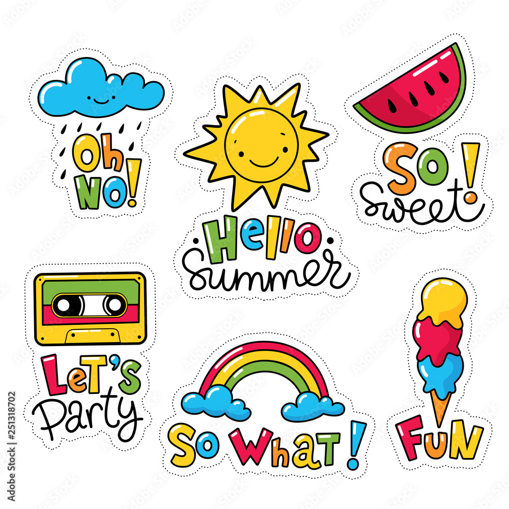 Set of cool stickers, patches with text and summer elements. 