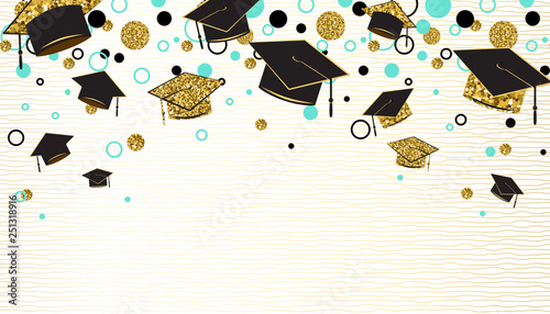 Graduation word with graduate cap, black and gold color, glitter dots on a white background. Congratulation graduates class of. Design for greeting, banner, invitation. Vector illustration