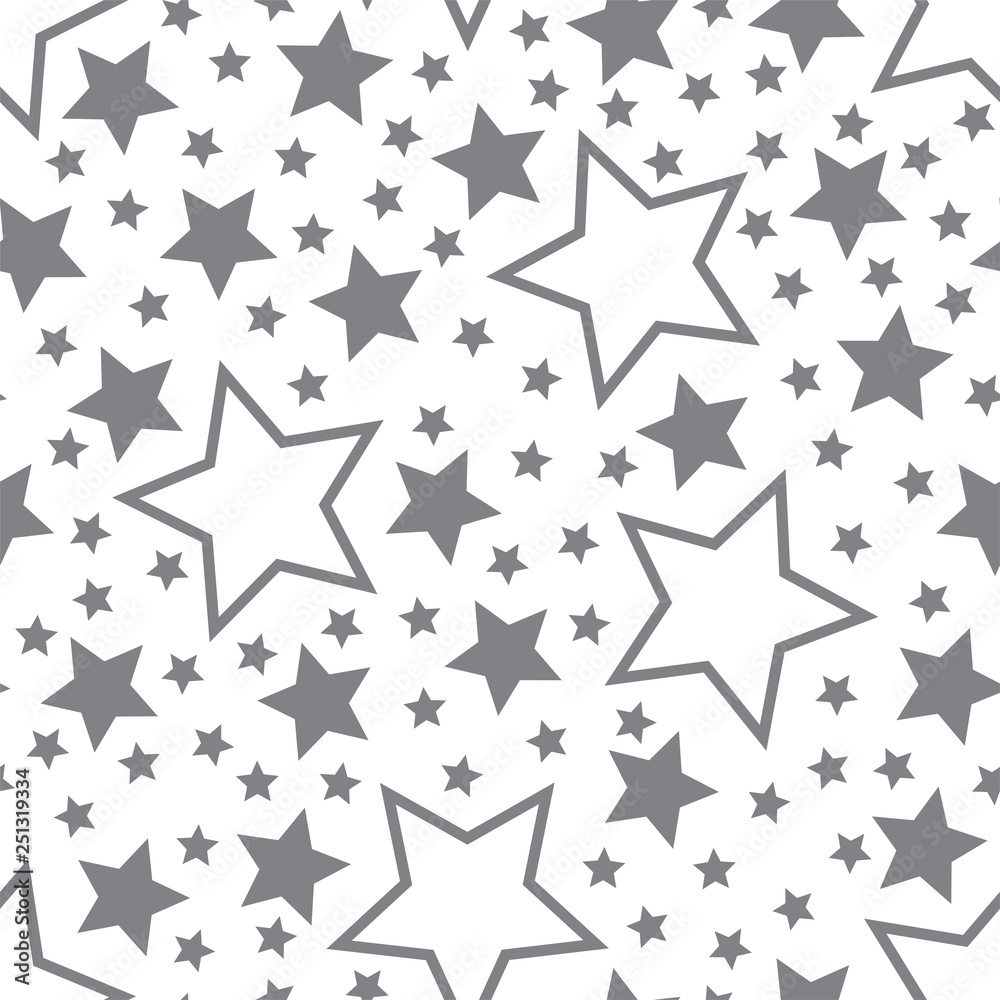 Vector illustration of grey five-pointed stars on a white background. Seamless childre's background a pattern on a space subject. Travel to stars, observation of infinity of the Universe. Vector illustration of grey five-pointed stars on a white background. Seamless childre's background a pattern on a space subject. Travel to stars, observation of infinity of the Universe.