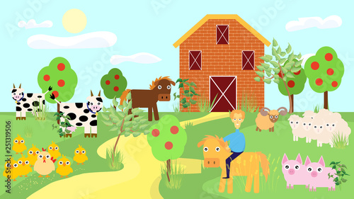 Farm animals with landscape - cow, pig, sheep, horse, rooster, chicken, donkey, hen, goose, duck, goat, cat, dog. Cute cartoon vector illustration in flat style