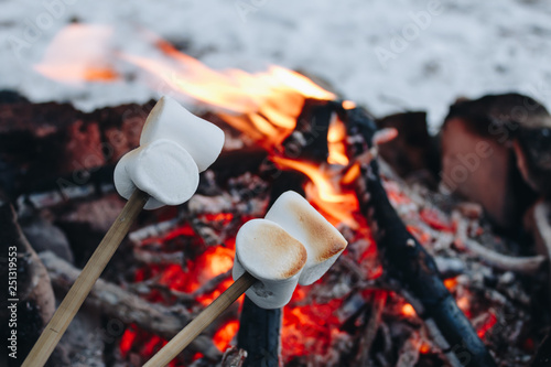Roasted marshmallows on a fire in the winter forest