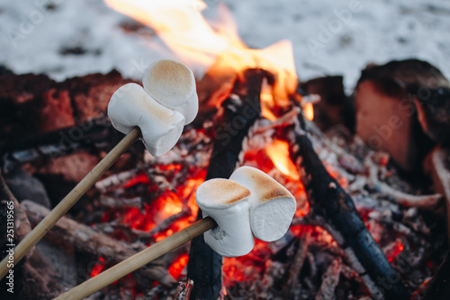 Roasted marshmallows on a fire in the winter forest