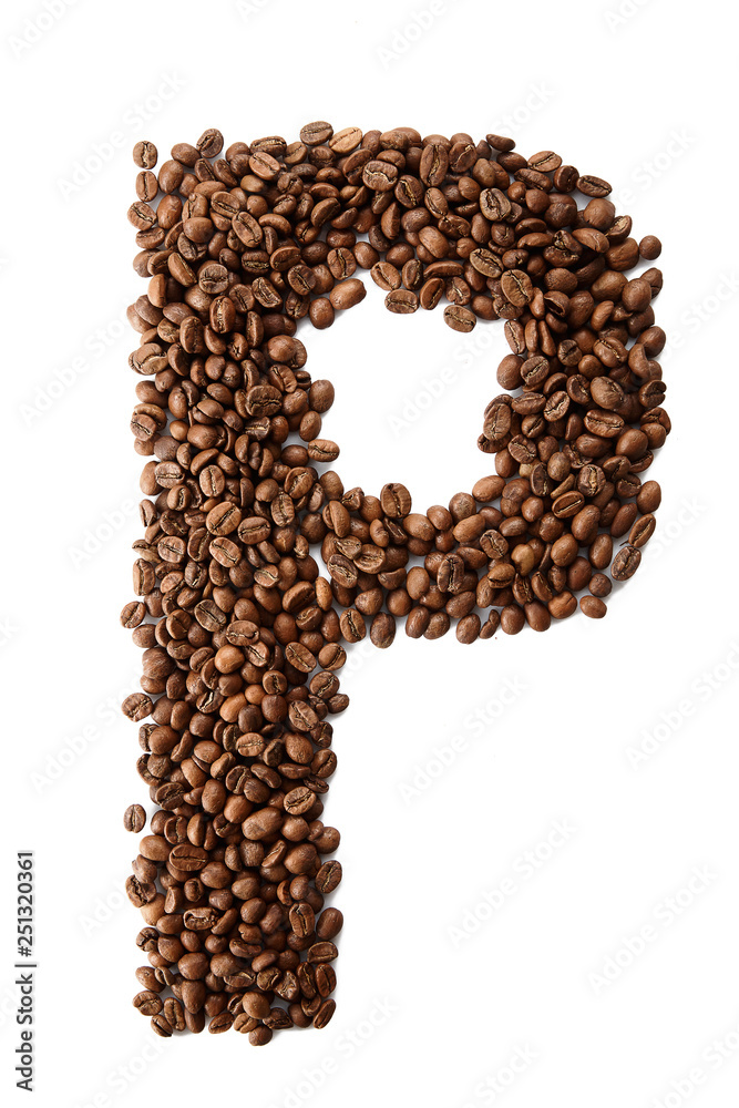 Coffee font alphabet concept isolated on white background. Top view Alphabet made of roasted coffee beans. Collection of brilliant font for your unique idea. Letter P Coffee font alphabet concept isolated on white background. Top view Alphabet made of roasted coffee beans. Collection of brilliant font for your unique idea. Letter P