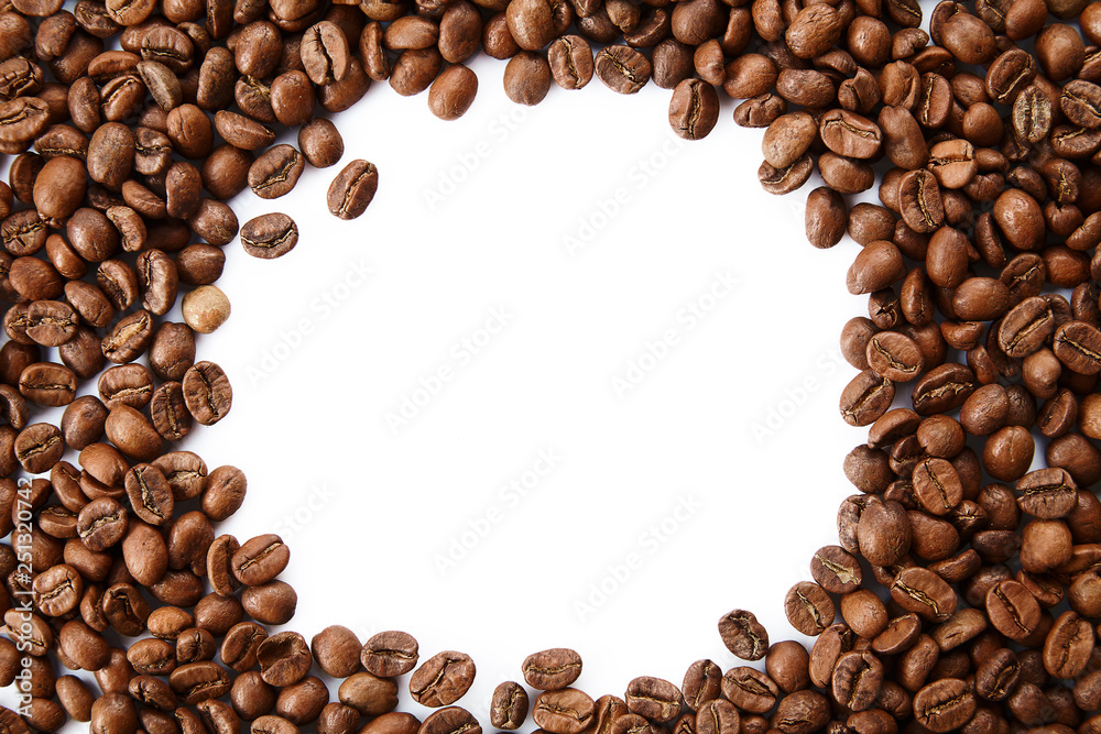A frame from roasted coffee beans with empty copy space. Top view coffee isolated on white background