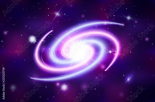 Spiral galactic on deep purple space background with bright stars and constellations