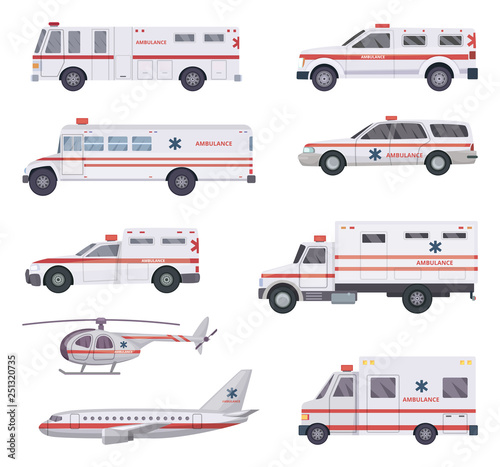 Ambulance cars. Health rescue service vehicle van helicopter paramedic emergency hospital urgent auto 911 vector cartoon pictures. Illustration of ambulance medical transportation, helicopter and van
