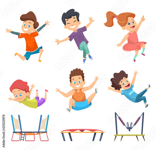 Trampoline kids. Playground childrens active jumping games vector characters in cartoon style. Trampoline jump, happy child and kid illustration