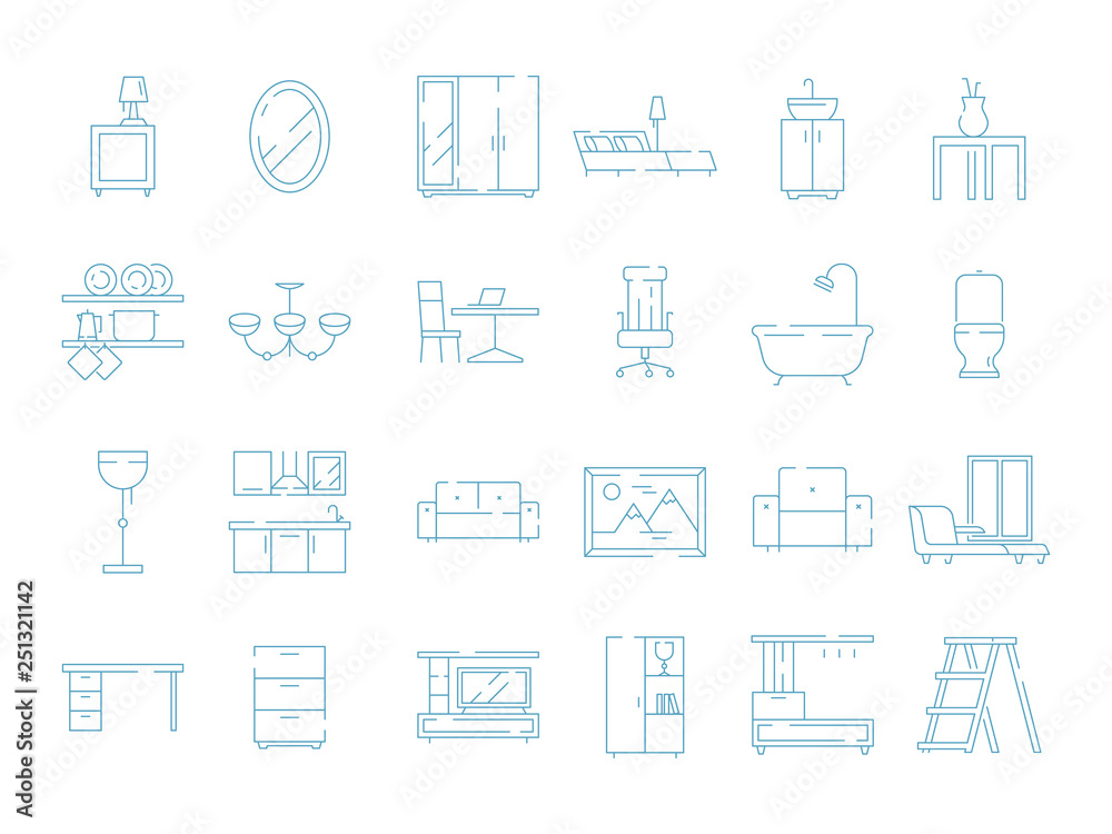 Room furniture icon. Bed table desk chair sofa vector thin symbols pictograms. Illustration of furniture table and sofa, chair and desk Room furniture icon. Bed table desk chair sofa vector thin symbols pictograms. Illustration of furniture table and sofa, chair and desk
