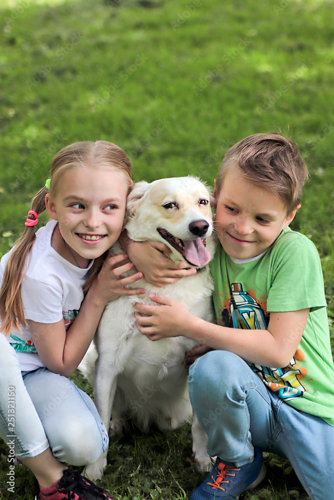 Communication of the child in the summer in nature with your beloved pet. The happiness of communicating with the dog. Communication of the child in the summer in nature with your beloved pet. The happiness of communicating with the dog.