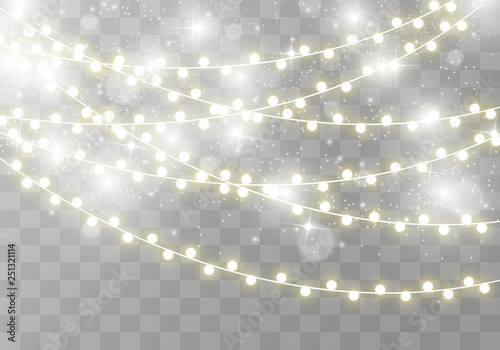 Christmas bright, beautiful lights, design elements. Glowing lights for design of Xmas greeting cards. Garlands, light Christmas decorations. 