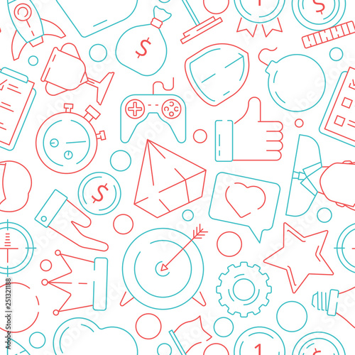 Game pattern. Gamification business symbols achivement rulers motivation challenge vector seamless background. Illustration of seamless pattern gamification business, achievement and prize