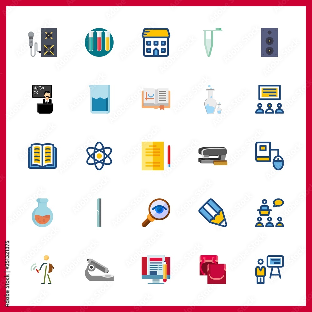 25 study icon. Vector illustration study set. open book and beaker icons for study works