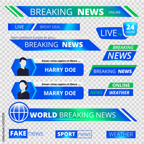 News graphic banners. Breaking television broadcast sport header banners vector graphic. Illustration of broadcast tv emblem, television banner headline