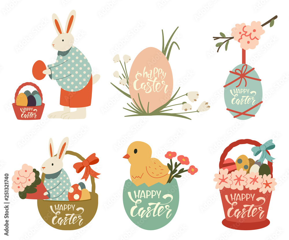 Fototapeta premium Happy Easter vector cartoon illustration set with bunny, chicks, eggs, basket, spring flowers and handwritten text isolated on a white background.