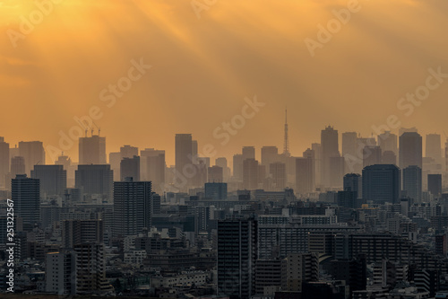 Scene of Tokyo tower locate with various building cityscape at sunset time which have sunbeam from Tower Hall Funabori Observation tower  Japan