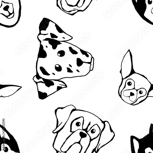 Seamless pattern with Dog breeds. Bulldog, Husky, Alaskan Malamute, Retriever, Doberman, Poodle, Pug, Shar Pei, Dalmatian