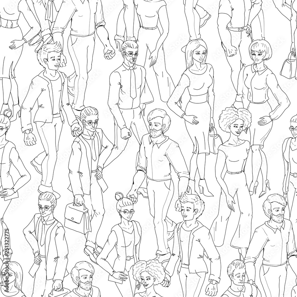 Naklejka premium Seamless pattern with business people walking. Sketch style illustration with men and woman.