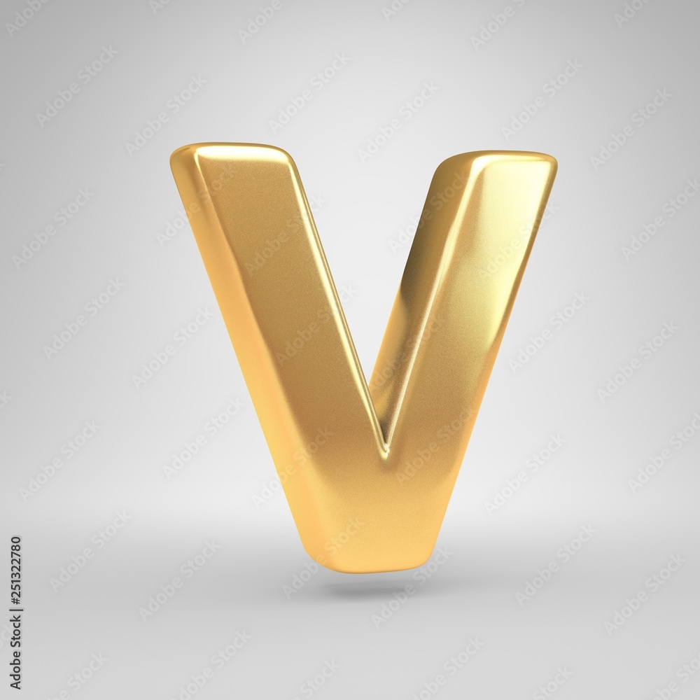 3D letter V uppercase. Shiny golden font isolated on white background