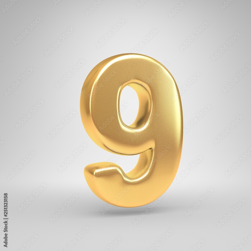 3D number 9. Shiny golden font isolated on white background 3D number 9. Shiny golden font isolated on white background