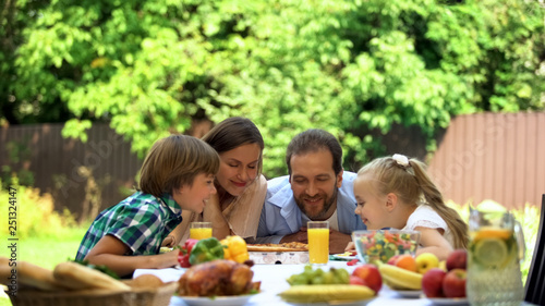 Family enjoying smell of fragrant pizza  italian cuisine  food delivery service