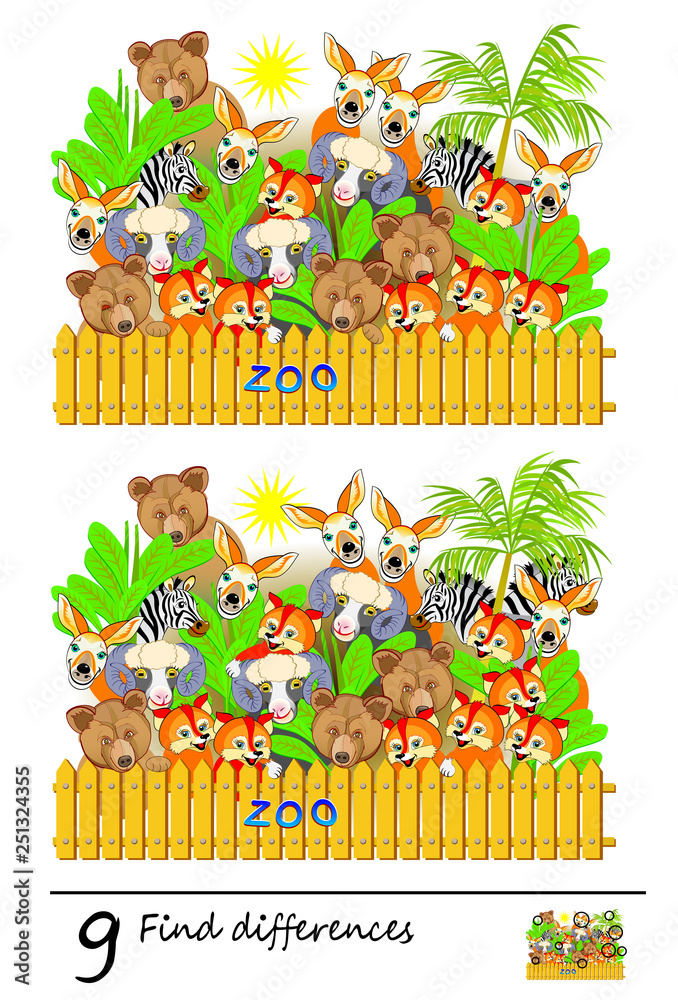 Logic puzzle game for children and adults. Need to find 9 differences.  Printable page for baby book. Developing skills for counting. Vector cartoon  image. Stock Vector | Adobe Stock