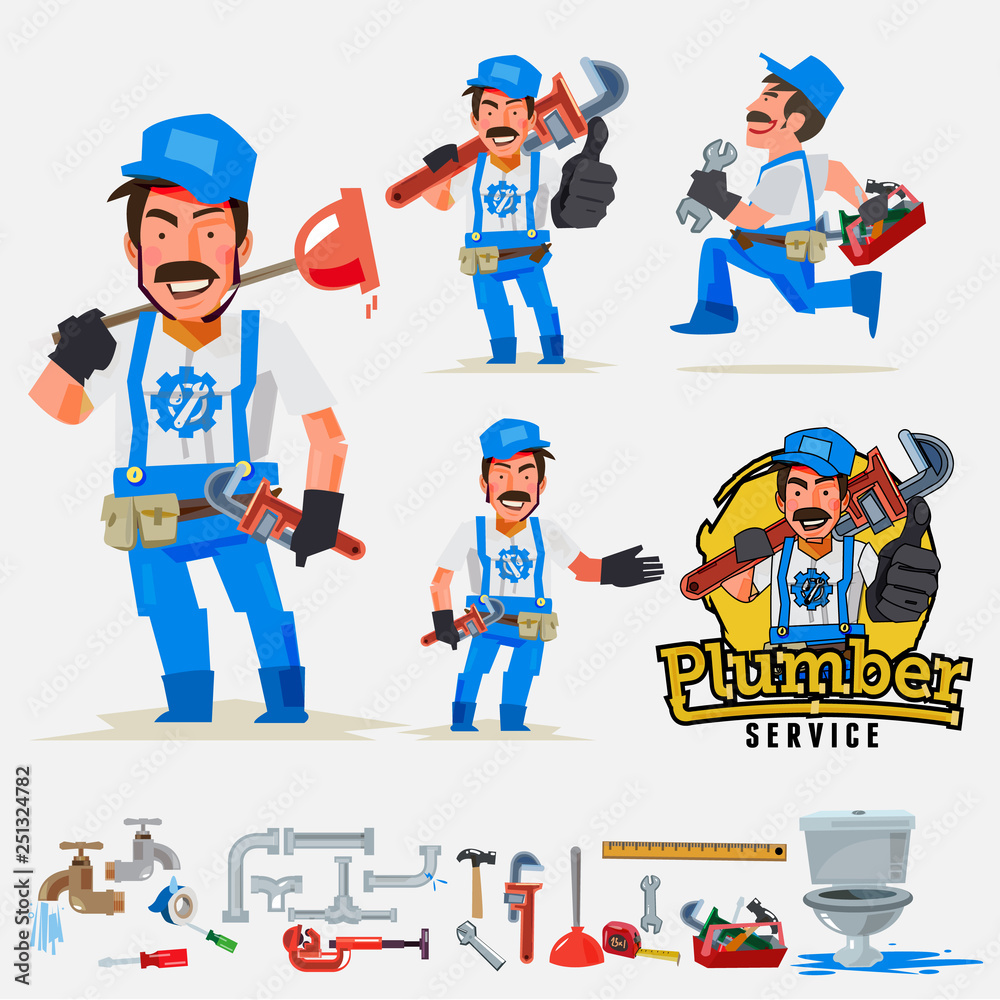 plumber man set in actions with typographic logo - vector illustration plumber man set in actions with typographic logo - vector illustration