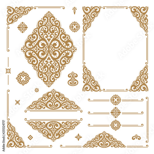 Gold and white luxury vector set of vintage elements. Elegant, classic pattern. Great for logo, monogram, invitation, flyer, menu, brochure, emblem, packaging, background or any desired idea.
