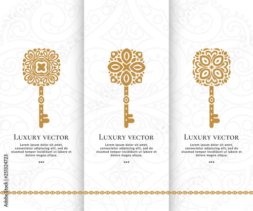 Vector set of luxury golden keys. Elegant, classic elements. Can be used for jewelry, beauty and fashion industry. Great for logo, monogram, invitation, flyer, menu, brochure, background, or any idea.
