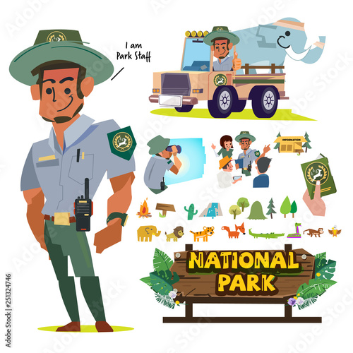 National Park Service employees or staff, Forest officer character set. job and career in national park concept - vector