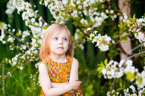 cute little girl near blooming apple trees and cherry