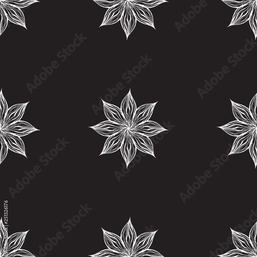 Seamless pattern with white wavy flowers on black background. Vector texture