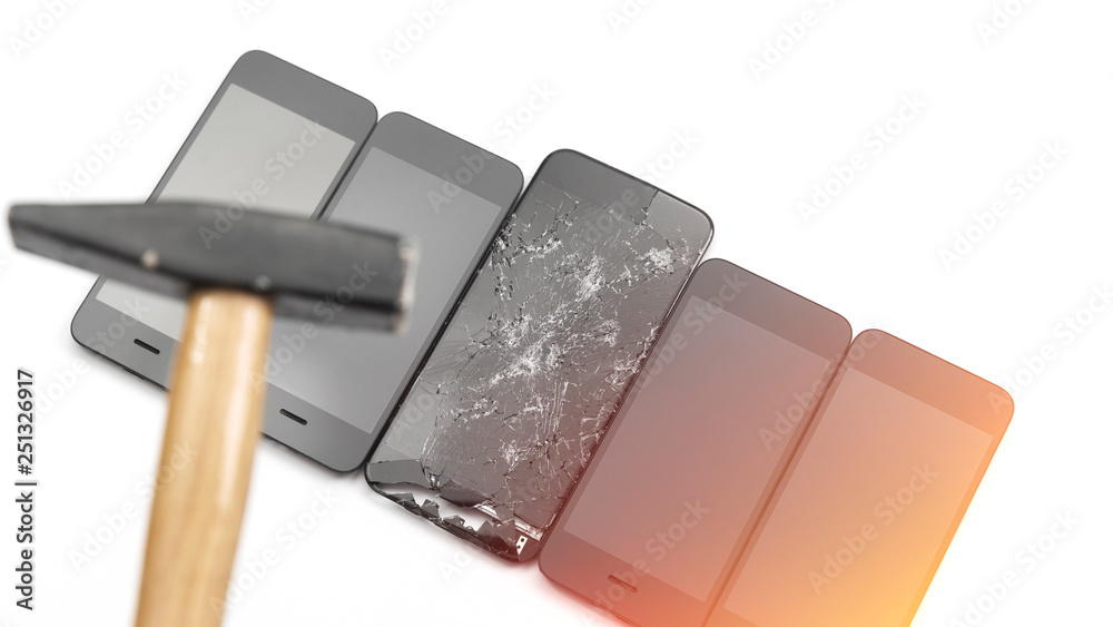 Obraz premium Hammer, broken screen and new phone screen on white background. Phone repair concept. Toned